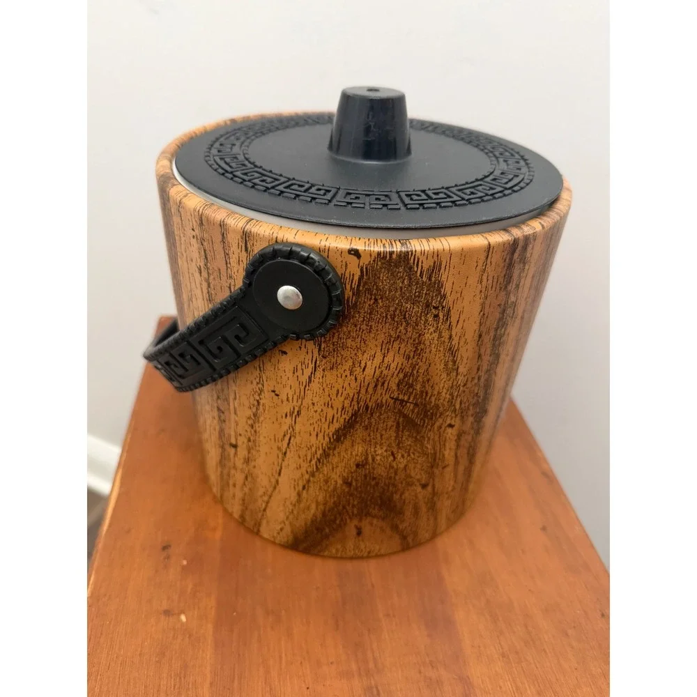 Vintage Mid Century Modern Ice Bucket Greek Key Faux Wood Grain Retro Barware